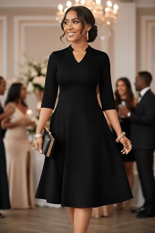 Nmoder Casual Dresses for Women Semi Formal Fit and Flare 3/4 Sleeve A-line Church Work Dress with Pockets - Image 3