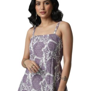 Leriya Fashion Women Rayon Paisley Printed Sleeveless Short Kurti Peplum Top | Spaghetti Strap Flared Tunic | Ethnic Fusion Summer Casual Top for Girls, Party